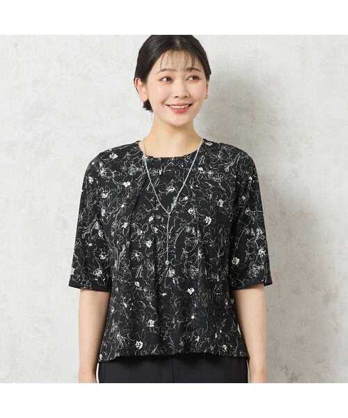 セール】 【洗える・日本製】モノトーンフラワーチュールTシャツ