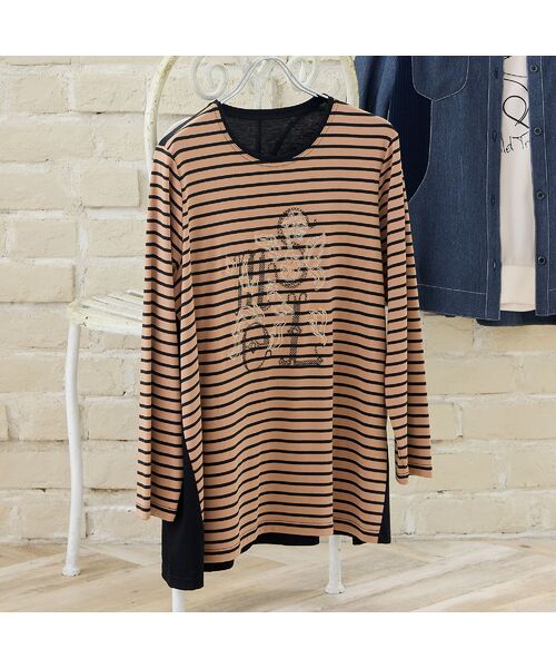 missel / ミゼール カットソー | 【洗える・3L/4Lサイズあり】花刺繍ボーダーカットソー(ブラック)