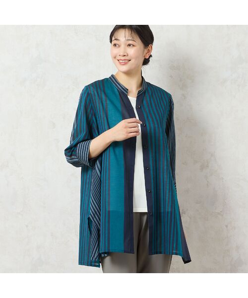 missel/ミゼール 【洗える・綿100%】ビッグストライプシャツ ブルー LL