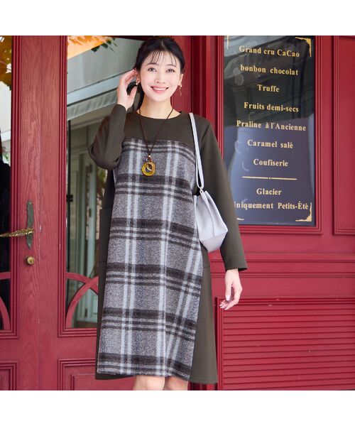 missel/ミゼール 【WEB限定カラーあり・3L/4Lサイズあり】スライバーチェックワンピース ブラウン 4L