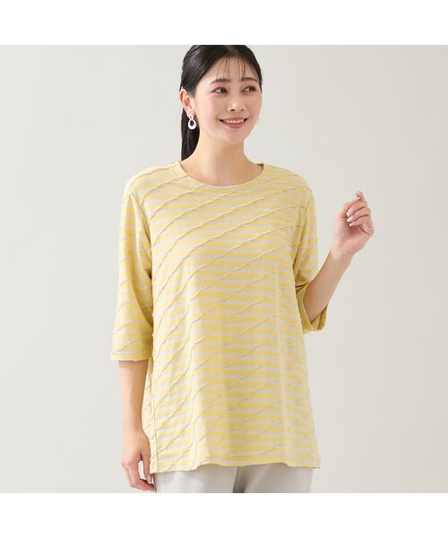 missel/ミゼール 【洗える・日本製・3L/4Lサイズあり】タックボーダーカットソー イエロー 4L missel/ミゼール 【洗える・日本製・3L/4Lサイズあり】タックボーダーカットソー イエロー 4L