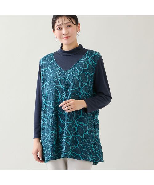 missel / ミゼール カットソー | 【洗える・日本製・3L/4Lサイズあり】リボン柄ジャカードカットソー(ダークブルー)