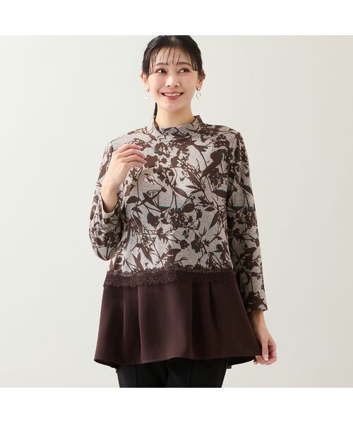 missel/ミゼール 【洗える・3L/4Lサイズあり】花柄ペプラムカットソー ブラウン LL