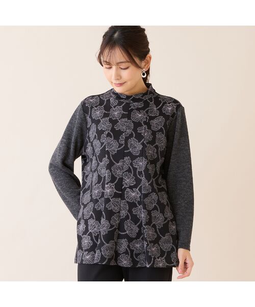 missel / ミゼール カットソー | 【洗える・アンサンブル可・3L/4Lサイズあり】ソフトニット花柄カットソー（ブラック）