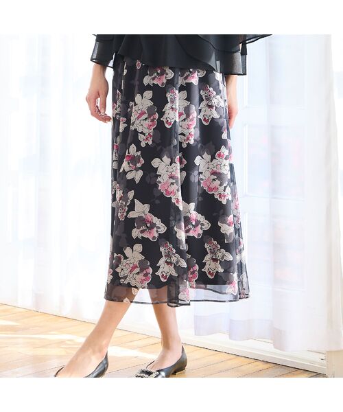 missel / ミゼール ミニ・ひざ丈スカート | 【洗える・セットアップ可・3Lサイズあり】シフォンフラワースカート（ブラック）