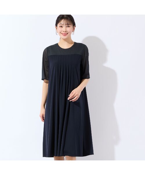 missel / ミゼール ミニ丈・ひざ丈ワンピース | 【洗える・体型カバー・L～4Lサイズ】シアースリーブワンピース（ダークブルー）