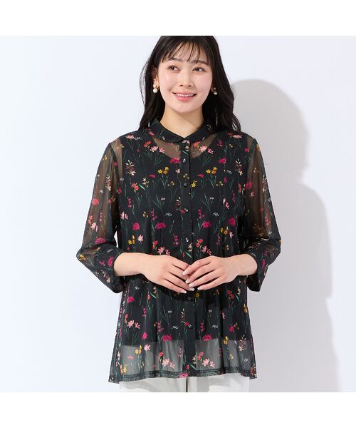 missel / ミゼール シャツ・ブラウス | 【洗える・アンサンブル可・L～4Lサイズ】ボタニカル柄チュールシャツ（ブラック）