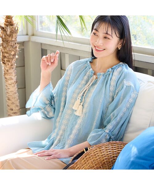 missel / ミゼール シャツ・ブラウス | 【洗える・3Lサイズあり】刺繍カフタンブラウス（ブルー）