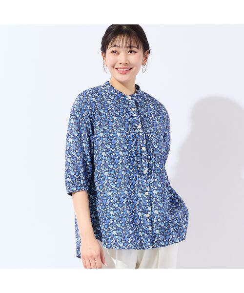 missel / ミゼール シャツ・ブラウス | 【リバティプリント・洗える・L～4Lサイズ】小花柄コットンフリルシャツ（ダークブルー）