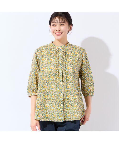missel / ミゼール シャツ・ブラウス | 【リバティプリント・洗える・L～4Lサイズ】小花柄コットンフリルシャツ（イエロー）