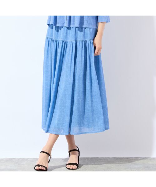 missel / ミゼール ミニ・ひざ丈スカート | 【洗える・セットアップ可・3Lサイズあり】チュールデニムフレアスカート（ブルー）