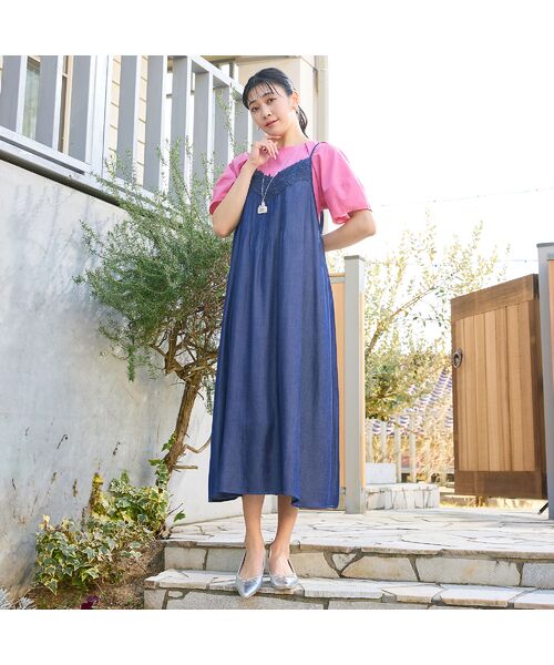 missel / ミゼール ミニ丈・ひざ丈ワンピース | 【洗える・体型カバー・M～3Lサイズ】レーストリムキャミワンピース（ネイビー） | 詳細1