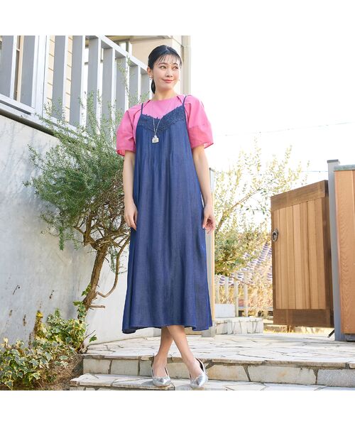 missel / ミゼール ミニ丈・ひざ丈ワンピース | 【洗える・体型カバー・M～3Lサイズ】レーストリムキャミワンピース（ネイビー） | 詳細2