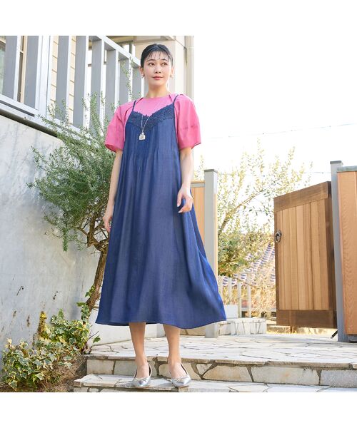 missel / ミゼール ミニ丈・ひざ丈ワンピース | 【洗える・体型カバー・M～3Lサイズ】レーストリムキャミワンピース（ネイビー） | 詳細3