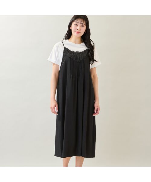 missel / ミゼール ミニ丈・ひざ丈ワンピース | 【洗える・体型カバー・M～3Lサイズ】レーストリムキャミワンピース（ブラック） | 詳細1