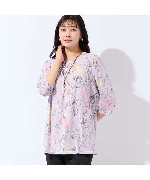 missel / ミゼール カットソー | 【洗える・日本製】ストライプフラワーチュニック（ピンク）