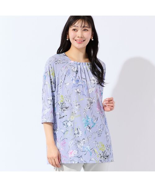 missel / ミゼール カットソー | 【洗える・日本製】ストライプフラワーチュニック（ブルー）