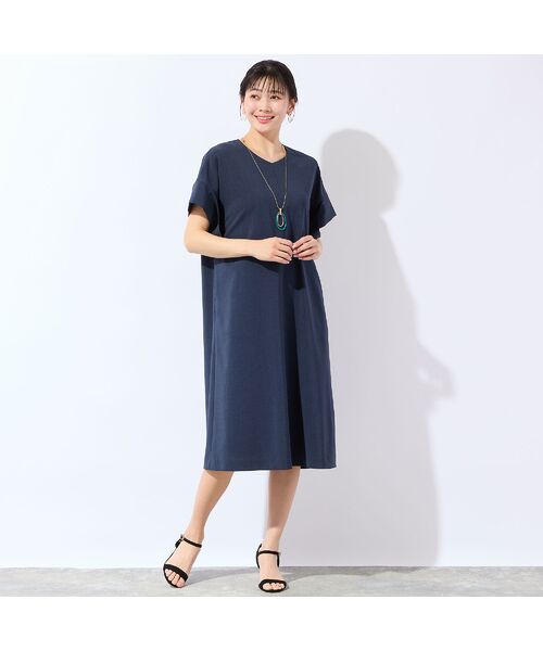 missel / ミゼール ミニ丈・ひざ丈ワンピース | 【洗える・体型カバー・L~4Lサイズ】フリルスリーブ ボクシーワンピース(ダークブルー)