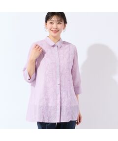 missel / ミゼール シャツ・ブラウス | 【洗える・L～4Lサイズ】リーフ刺繍 ワッシャーストライプシャツ