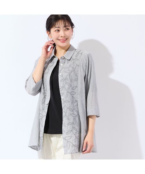 missel / ミゼール シャツ・ブラウス | 【洗える・L~4Lサイズ】リーフ刺繍 ワッシャーストライプシャツ | 詳細6