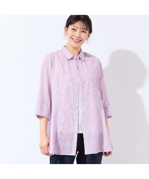 missel / ミゼール シャツ・ブラウス | 【洗える・L~4Lサイズ】リーフ刺繍 ワッシャーストライプシャツ | 詳細13