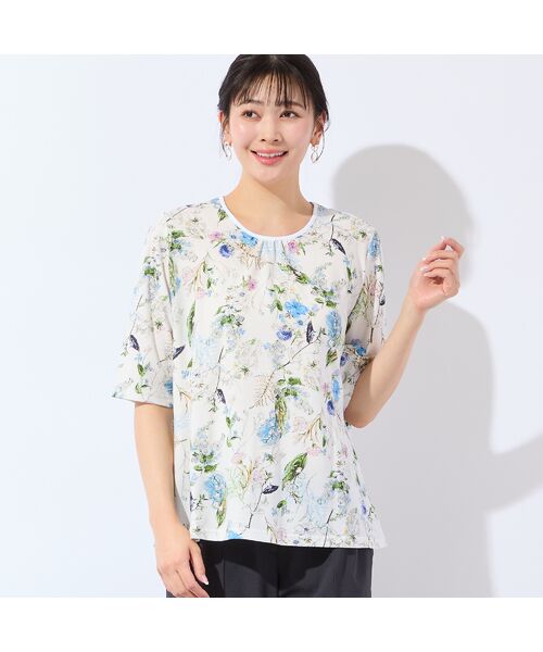 missel / ミゼール カットソー | 【洗える・日本製・綿100%・L~4Lサイズ】アートフラワーTシャツ(ホワイト)