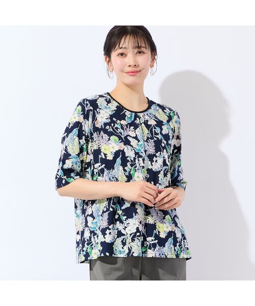 missel / ミゼール カットソー | 【洗える・日本製・綿100%・L~4Lサイズ】アートフラワーTシャツ(ダークブルー)
