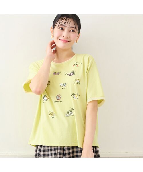 missel / ミゼール カットソー | 【洗える・日本製・L~4Lサイズ】フルーツ刺繍Tシャツ(イエロー)