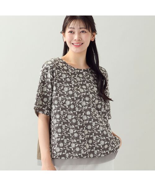 missel / ミゼール シャツ・ブラウス | 【洗える・日本製・L~3Lサイズ】綿麻刺繍入りブラウス(ブラウン)