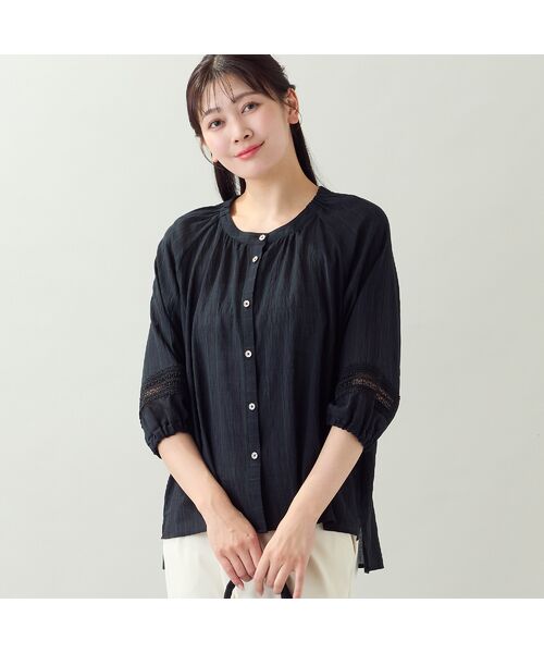 missel / ミゼール シャツ・ブラウス | 【EC＆一部店舗限定・洗える・3Lサイズあり】シャーリングストライプブラウス（ブラック）