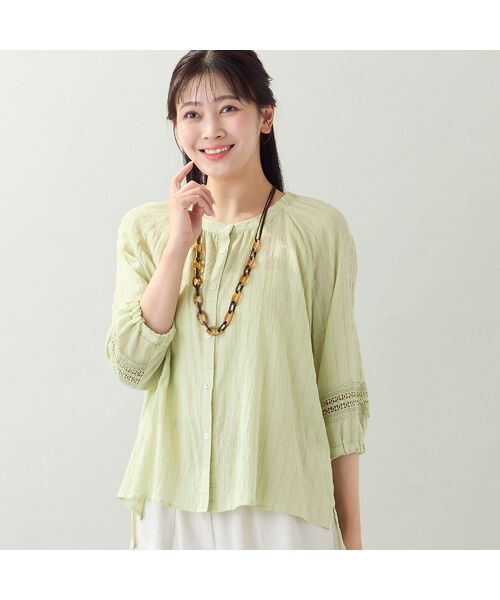 missel / ミゼール シャツ・ブラウス | 【EC＆一部店舗限定・洗える・3Lサイズあり】シャーリングストライプブラウス（グリーン）
