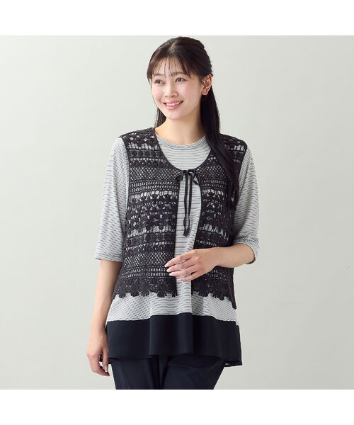 missel / ミゼール カットソー | 【洗える・日本製・L~4Lサイズ】ヘムシフォンAラインボーダーTシャツ | 詳細7