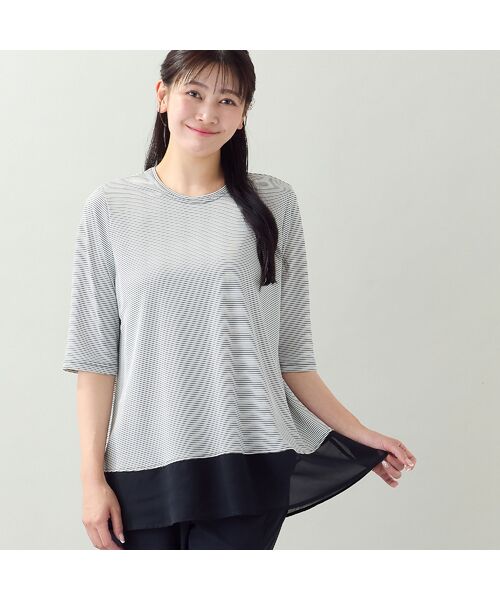 missel / ミゼール カットソー | 【洗える・日本製・L~4Lサイズ】ヘムシフォンAラインボーダーTシャツ(ホワイト)