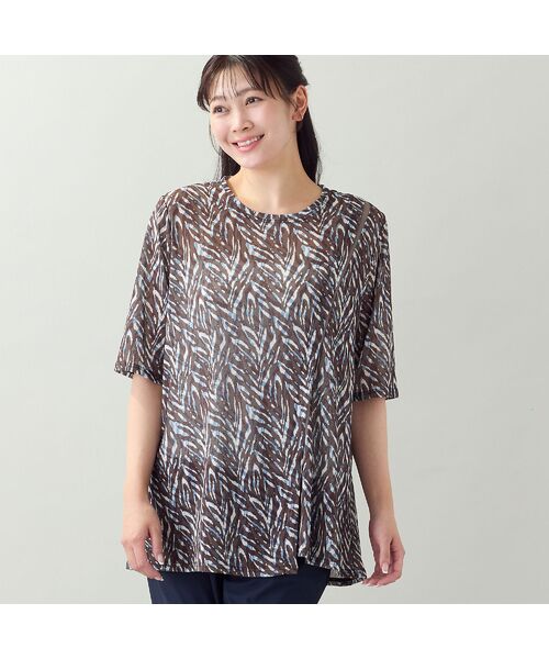 missel / ミゼール カットソー | 【洗える・L~4Lサイズ】ゼブラ柄アシンメトリーTシャツ(ブラウン)