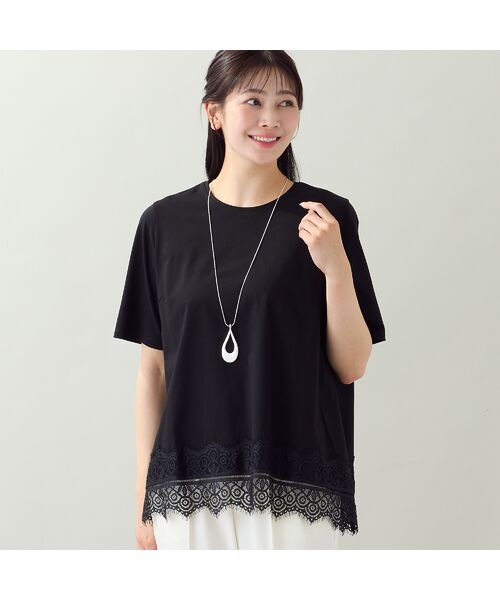 missel / ミゼール カットソー | 【洗える・L~4Lサイズ】レースヘムTシャツ(ブラック)