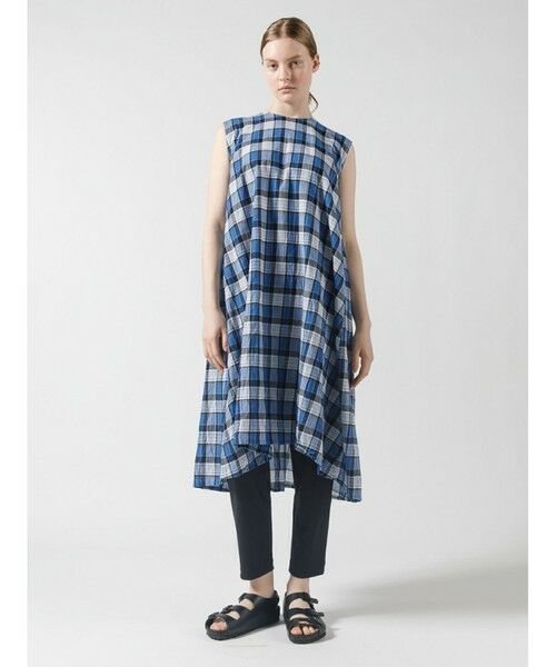 mizuiro ind / ミズイロインド ロング・マキシ丈ワンピース | mizuiro ind マドラスチェックフレアノースリーブワンピース（ブルー(color31)）