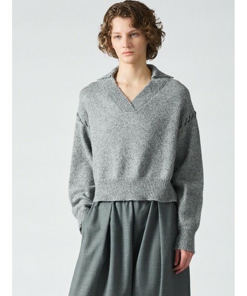 mizuiro ind / ミズイロインド ニット・セーター | mizuiro ind スキッパーハンドステッチショートプルオーバー(グレー×チャコールグレー(color91))