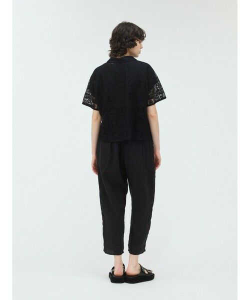mizuiro ind◆半袖シャツ/--/ポリエステル/ブラック/無地/1023 ミズイロインド mizuiro-ind *コットンレース×ピンタック半袖