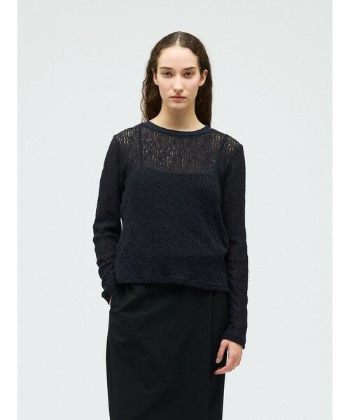 mizuiro ind / ミズイロインド カットソー | mizuiro ind レースクルーネックTシャツ（ネイビー(color77)）