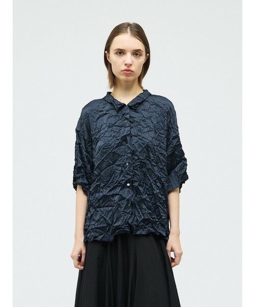 mizuiro ind / ミズイロインド シャツ・ブラウス | mizuiro ind ワッシャーハーフスリーブシャツ（ネイビー(color77)）