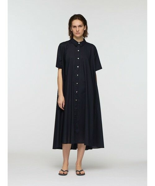 mizuiro ind / ミズイロインド ロング・マキシ丈ワンピース | mizuiro ind ハーフスリーブフレアシャツワンピース（ブラック(color99)）
