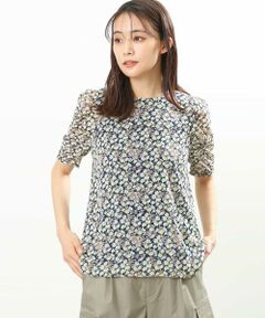 コーデに映える大人可愛い柄ブラウス<br><br> ■デザイン<br> 春らしい小花プリントが大人可愛いシフォンブラウス。カラーアクセントが効いたプリントはコーデが映えて一気に華やかに見せてくれます。短すぎない半袖も二の腕を程よくカバーしてくれる嬉しいポイント。<br><br> ■素材<br> 透け感のあるさらりとしたシフォン素材は、裏地にサテンスムースを使用することで、着心地の良さと透け防止のケアも万全。シワになりにくいイージーケア素材です。<br><br> ■スタイリングポイント<br> 同素材のスカートとセットアップでワンピース風の着こなしもおすすめです。長すぎず短すぎない着丈は、ボトムにインでもアウトでもすっきりと決まります。<br><br> --------------------<br> 洗濯表示：洗濯機洗い可<br> 透け感：あり<br> 裏地：あり<br> 伸縮性：なし<br> 生地の厚さ：やや薄手<br> --------------------<br><br> ※自然光・照明の関係、パソコン・スマートフォンなどの環境により、実際と色味が違って見える場合がございます。予めご了承ください。商品の色味は、詳細画像をご参照ください。<br> ※サンプルでの撮影となるため、実際にお届けする商品と仕様やサイズが異なる場合がございます。 <br><br>▼カラー番号表記<br> ネイビー(57)、グリーン(94)