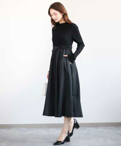 MK MICHEL KLEIN / エムケーミッシェルクラン ロング・マキシ丈ワンピース | ニット×タフタ タックギャザー切替えワンピース/洗える