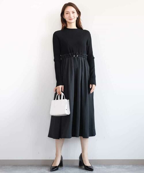 MK MICHEL KLEIN / エムケーミッシェルクラン ロング・マキシ丈ワンピース | ニット×タフタ タックギャザー切替えワンピース/洗える | 詳細1