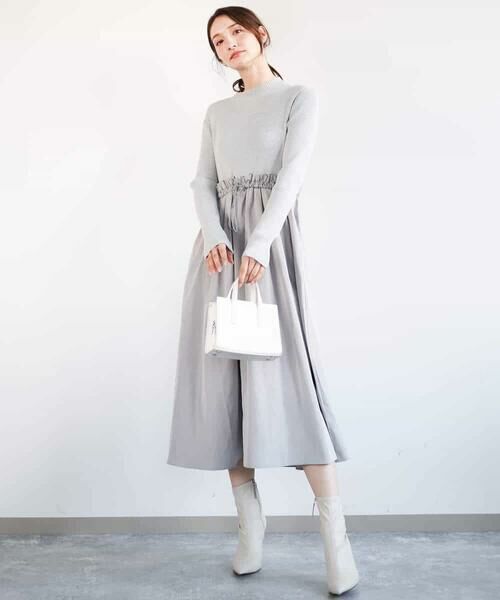 MK MICHEL KLEIN / エムケーミッシェルクラン ロング・マキシ丈ワンピース | ニット×タフタ タックギャザー切替えワンピース/洗える | 詳細15
