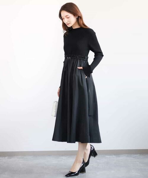 MK MICHEL KLEIN / エムケーミッシェルクラン ロング・マキシ丈ワンピース | ニット×タフタ タックギャザー切替えワンピース/洗える | 詳細3