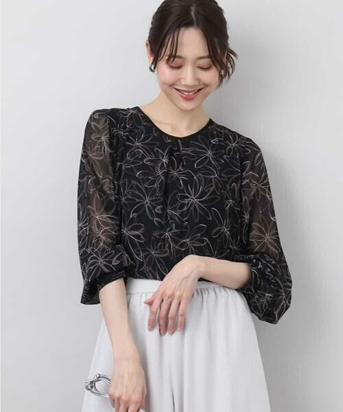 MK MICHEL KLEIN/エムケーミッシェルクラン ラインフラワーシフォンブラウス/洗える ブラック M MK MICHEL KLEIN/エムケーミッシェルクラン ラインフラワーシフォンブラウス/洗える ブラック M