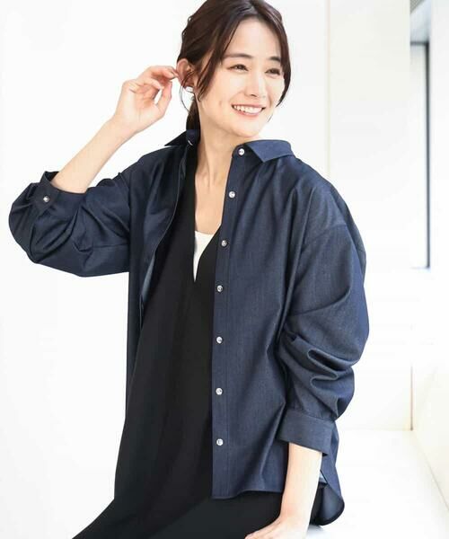 MK MICHEL KLEIN/エムケーミッシェルクラン デニムライクシャツブラウス/洗える ネイビー M MK MICHEL KLEIN/エムケーミッシェルクラン デニムライクシャツブラウス/洗える ネイビー M