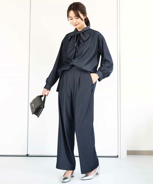 MK MICHEL KLEIN / エムケーミッシェルクラン シャツ・ブラウス | ボウタイ付きデニムライクバンドカラーブラウス/洗える | 詳細4