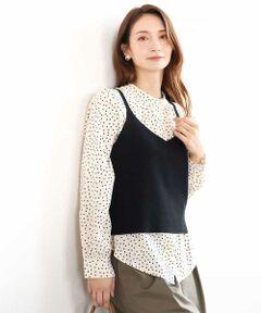 MK MICHEL KLEIN / エムケーミッシェルクラン ニット・セーター | ドット柄ブラウス×ニットビスチェ ツインセット/洗える